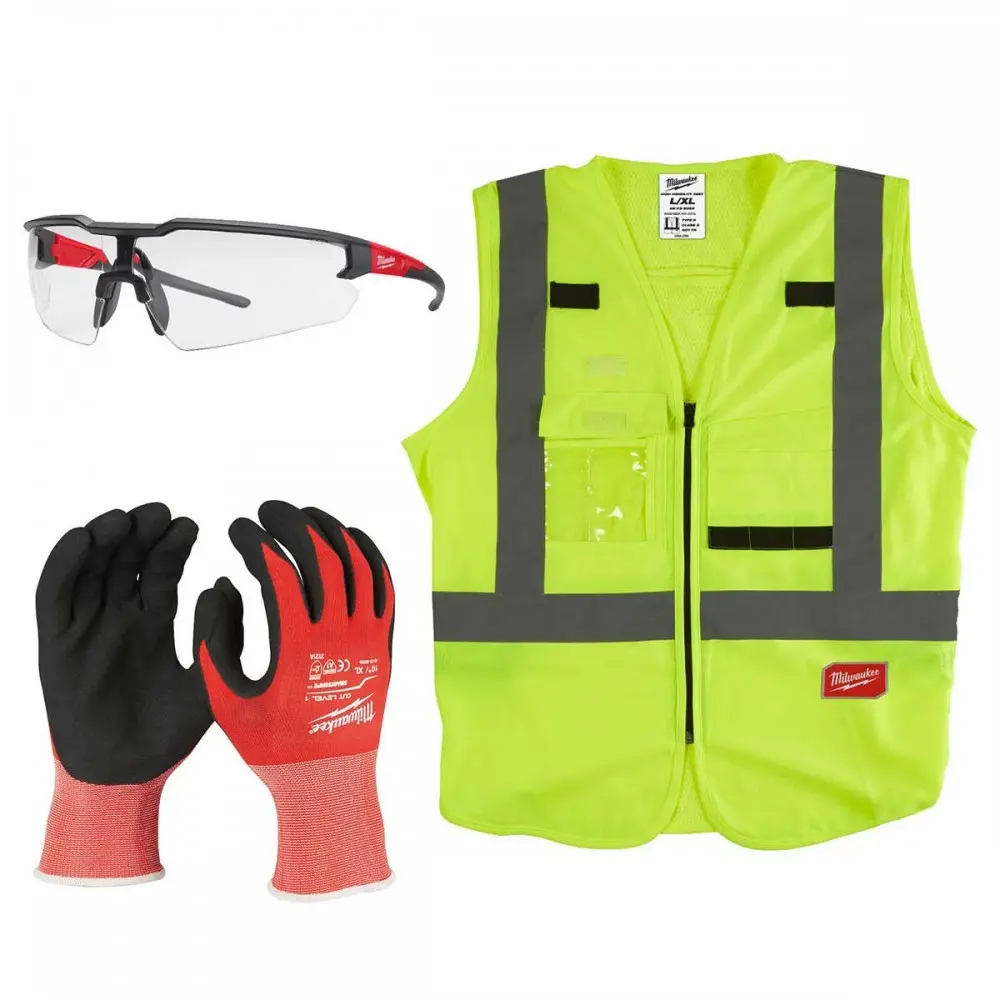 Ensemble d'équipement de protection - Gilet jaune + Gants + Lunettes - MILWAUKEE - 4932479959