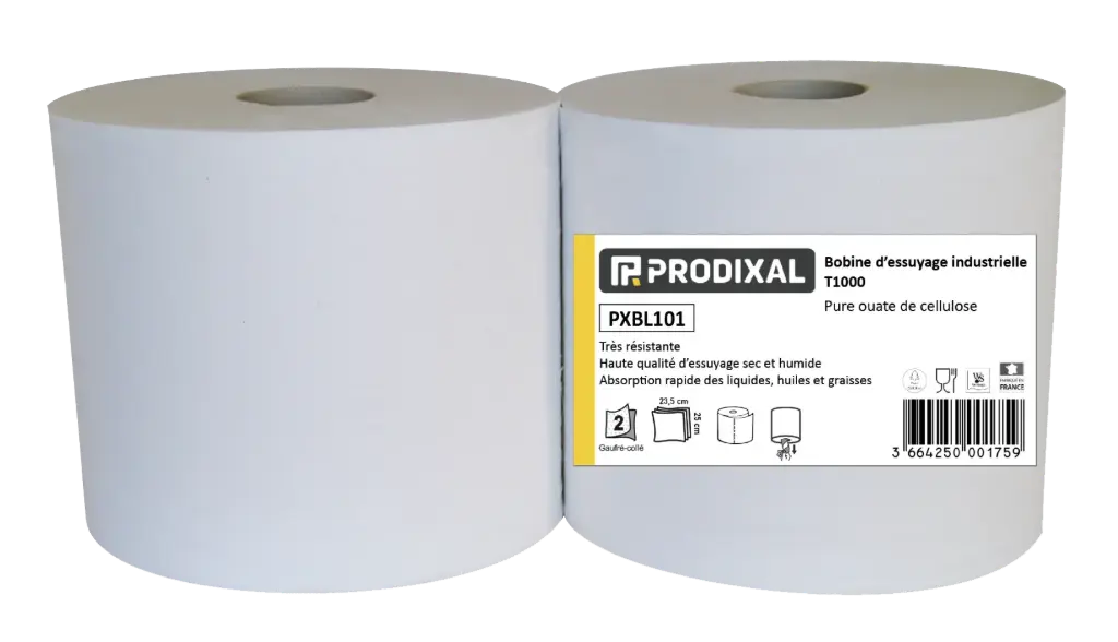 Lot de 2 BOBINES OUATE ESSUYAGE INDUSTRIEL BLANCHE - PRODIXAL - PXBL101